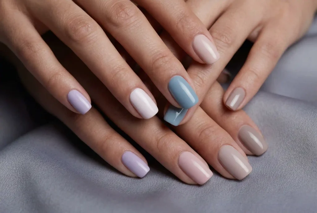 Najmodniejszy manicure na każdą okazję. Jak wybrać uniwersalne kolory paznokci i stylowy odcień, gdy chcesz, by kolor paznokci pasował do wszystkiego? Bliskie ujecie eleganckich dloni prezentujacych rozne chlodne i przygaszone odcienie lakieru do paznokci, w tym pastelowa lawende, golebii blekit i brudny roz, pasujace do kobiecego typu urody Lato.