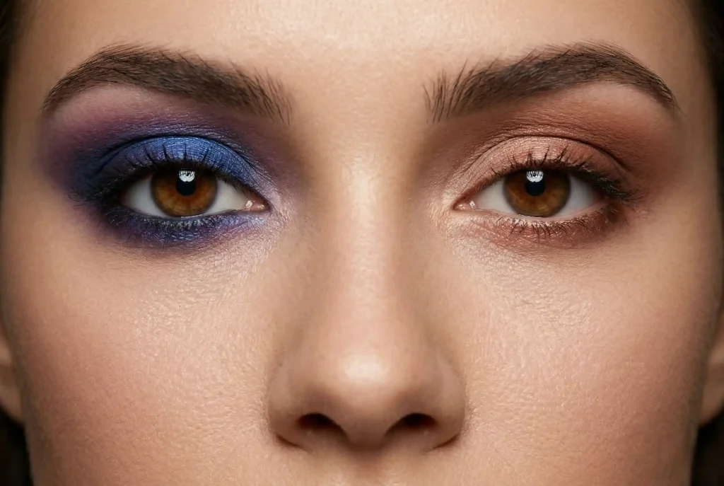 Jakie kolory cieni do powiek pasują do brązowych oczu? Makijaż dla brązowych oczu – jak podkreślić kolor tęczówki i wybrać najlepszy make-up Zbliżenie na twarz modelki z brązowymi oczami, prezentujące makijaż oka z zastosowaniem zasad kontrastu i harmonii przy użyciu cieni do powiek w odcieniach szafiru i ciepłego brązu.