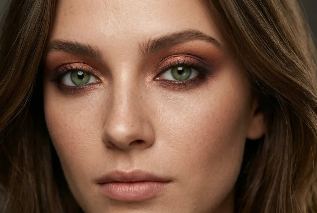Jaki kolor cieni do powiek wybrać do zielonych oczu? Idealny makijaż krok po kroku Bliski portret modelki z zielonymi oczami, która ma nałożony perfekcyjnie zblendowany makijaż w kolorach miedzi i śliwki przy użyciu bazy pod cienie i palety, co podkreśla głębię spojrzenia.