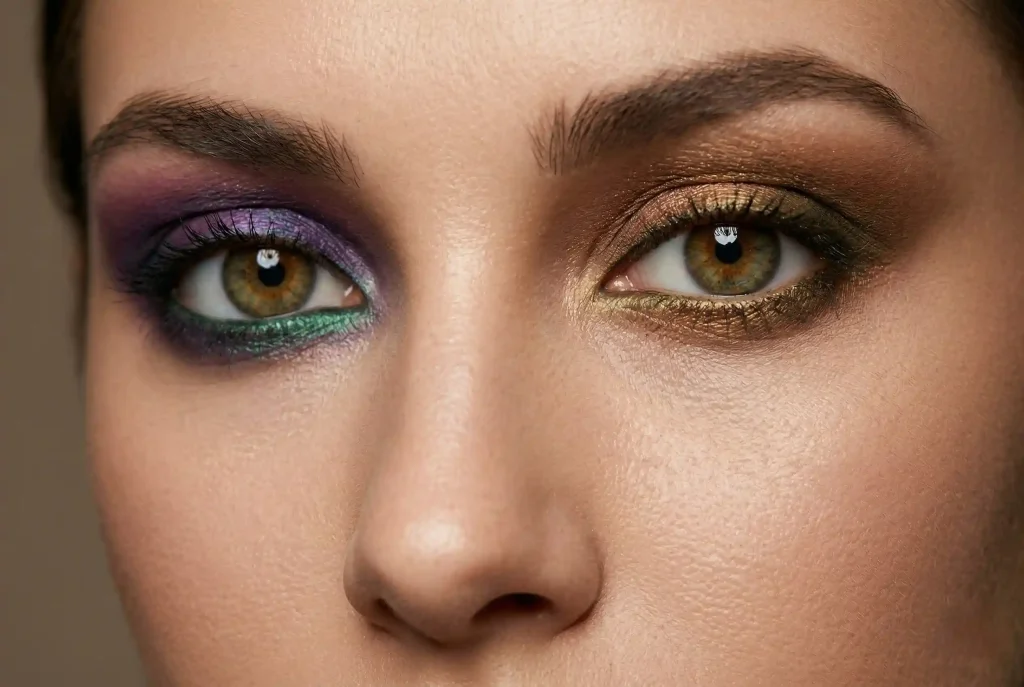 Jaki kolor cieni do powiek wybrać, by podkreślić piwne oczy? Najlepsze kolory cieni do koloru Twoich oczu Ultra-realistyczne zbliżenie na makijaż dla piwnych oczu, prezentujące na jednej powiece cienie fioletowe i szmaragdowe (kontrast), a na drugiej złote i brązowe (harmonia), aby podkreślić unikalną mieszankę brązu, zieleni i złota w tęczówce.