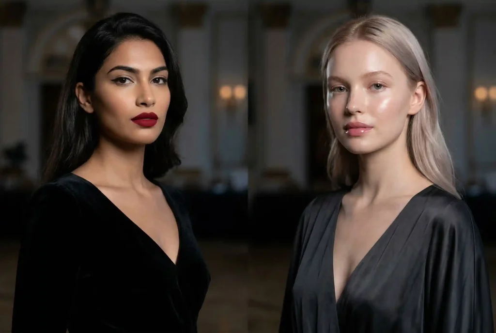 Jak dobrać kolory makijażu do typu urody? Dopasowanie makijażu, karnacja i dobór kolorów, by dobrać makijaż i podkreślić urodę Ultra-realistyczne zdjęcie portretowe w formie diptyku ukazuje, jak makijaż do ciemnej sukienki, na przykładzie małej czarnej, różni się w zależności od Twojego typu kolorystycznego: kontrastowa Zima po lewej nosi wyrazistą czerwoną szminkę, a delikatne Jasne Lato po prawej – makijaż świetlisty i transparentny.