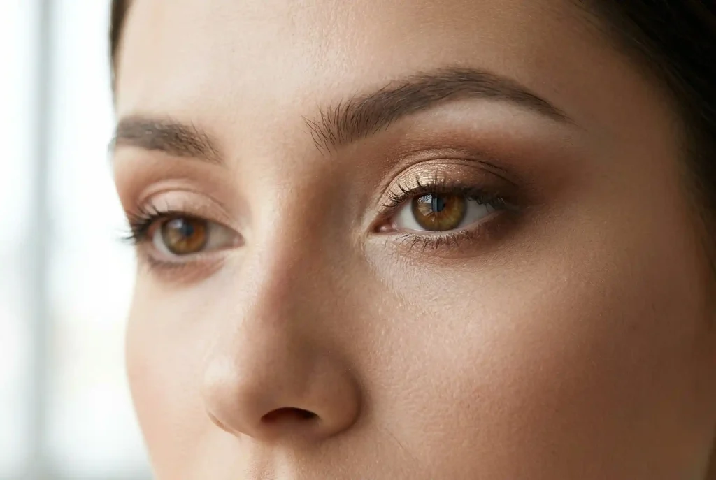 Jakie kolory cieni do powiek pasują do brązowych oczu? Makijaż dla brązowych oczu – jak podkreślić kolor tęczówki i wybrać najlepszy make-up Zbliżenie na twarz kobiety z brązowymi oczami w makijażu dziennym, prezentujące zastosowanie ciepłych brązów na powiekach, złotego pigmentu na środku i rozświetlenia pod łukiem brwiowym, co ilustruje idealny makijaż dzienny dla brązowych oczu.