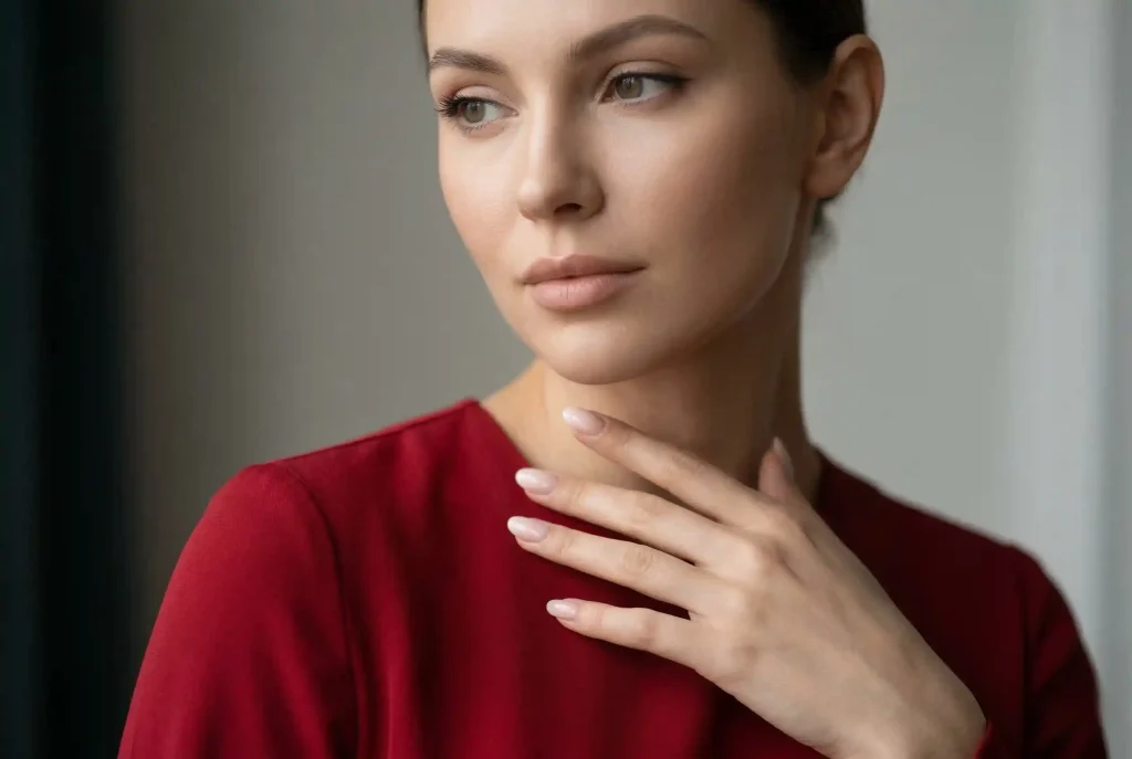 Czerwona sukienka – jakie dodatki do czerwonej sukienki wybrać i co pasuje najlepiej? Zbliżenie na modelkę w czerwonej sukience, prezentującą wyważony makijaż 'Cloud Skin', minimalistyczne usta i dłoń z eleganckim manicure Baby Boomer.