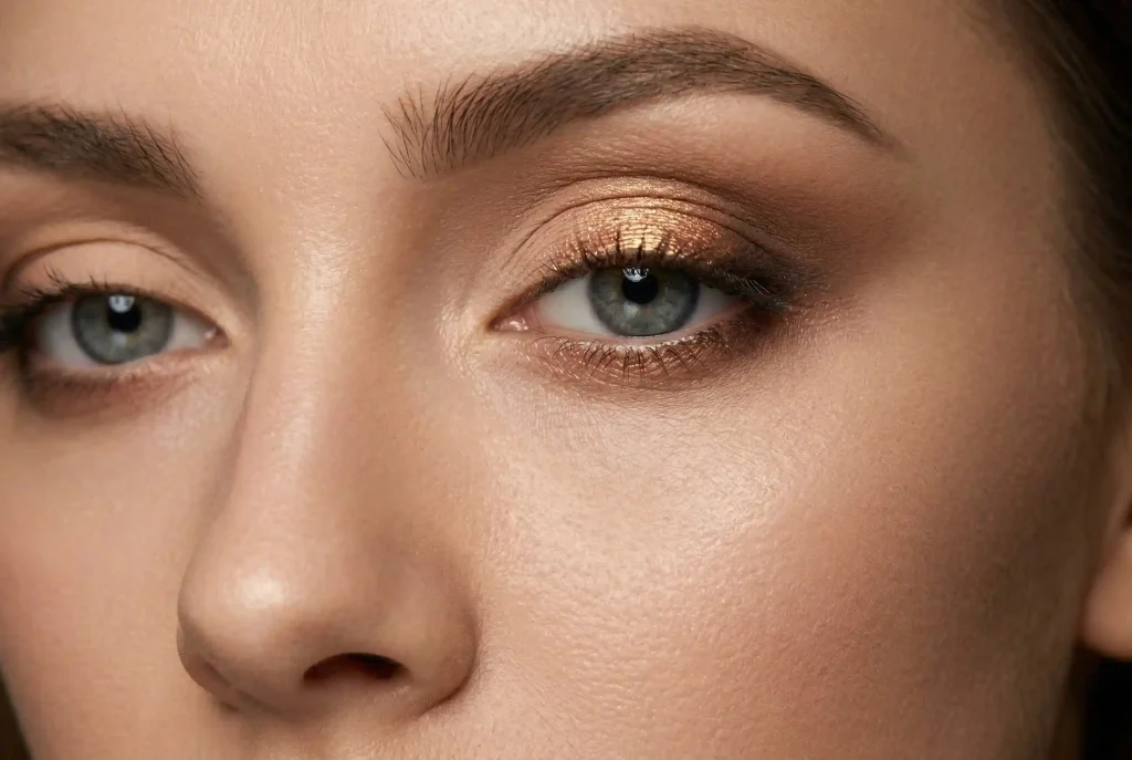 Jak dobrać cienie do powiek do koloru oczu? Idealny makijaż do niebieskich oczu i cienie do szarych oczu Zbliżenie na precyzyjny makijaż oczu krok po kroku dla szaroniebieskich oczu, pokazujący nałożoną bazę, matowy brąz w załamaniu i mieniący się miedziany akcent na środku powieki.