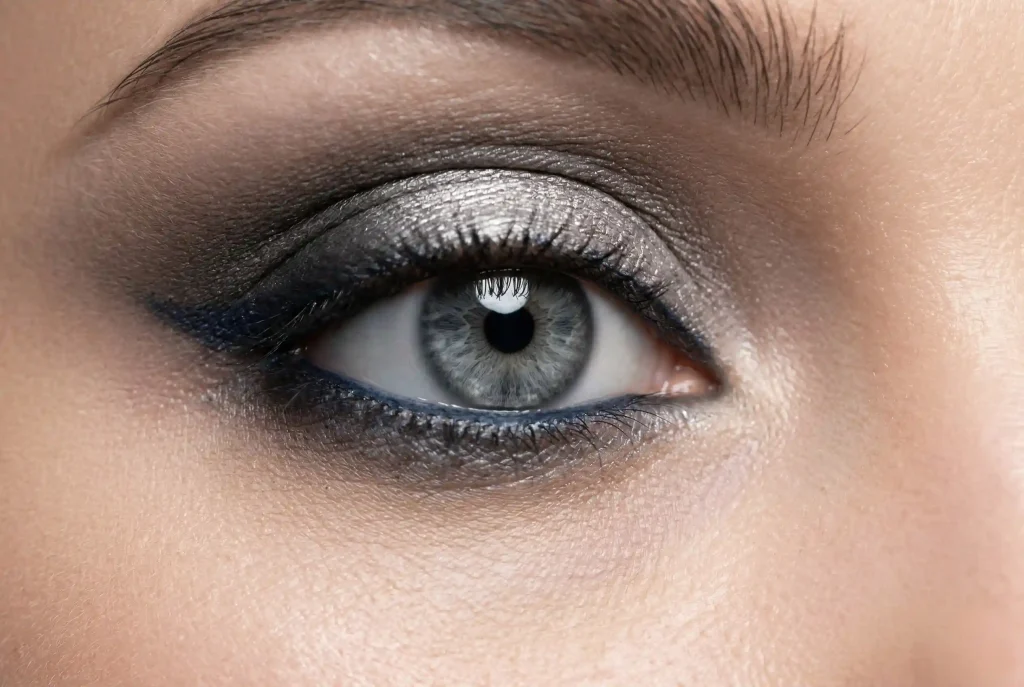 Jakie cienie do powiek do szarych oczu wybrać? Sprawdzony poradnik osobistej stylistki Bliskie ujęcie oka o stalowej, szarej tęczówce, pomalowanego cieniem w odcieniach antracytu, srebra i granatu, co pokazuje jak podkreślić czystą szarość oczu poprzez harmonizację kolorów.