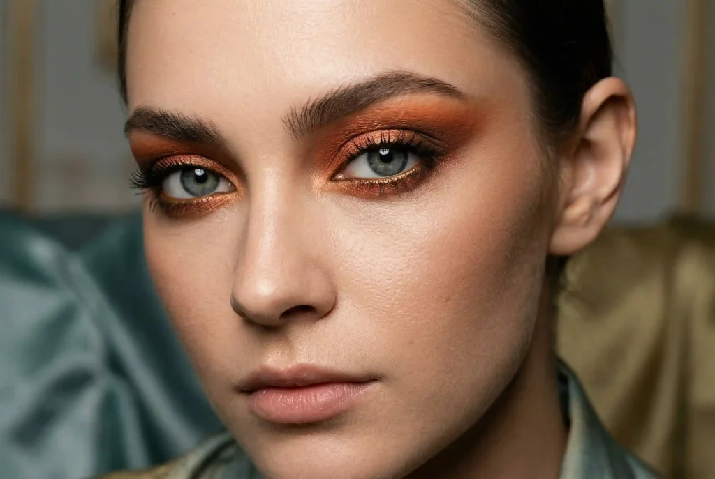 Jak dobrać cienie do powiek do koloru oczu? Idealny makijaż do niebieskich oczu i cienie do szarych oczu Zbliżenie na makijaż oczu z szaroniebieską tęczówką, podkreślony ciepłym, miedziano-pomarańczowym cieniem do powiek zgodnie z teorią kontrastu.
