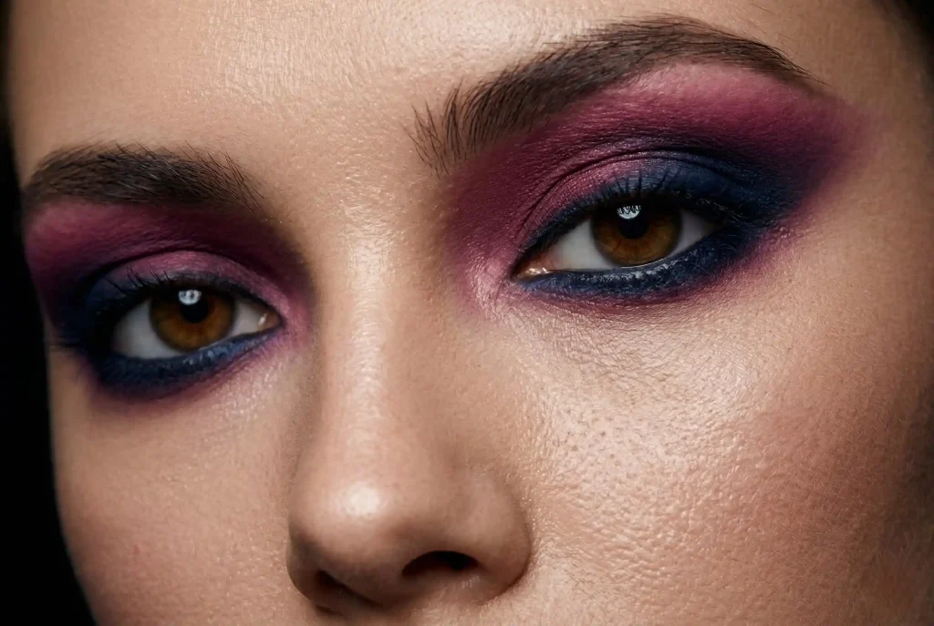 Jakie kolory cieni do powiek pasują do brązowych oczu? Makijaż dla brązowych oczu – jak podkreślić kolor tęczówki i wybrać najlepszy make-up Bliskie ujęcie twarzy modelki prezentującej wyrazisty makijaż wieczorowy dla brązowych oczu, wykonany techniką smoky eye z użyciem głębokich odcieni fioletu, śliwki i granatu, co tworzy magnetyczne spojrzenie.