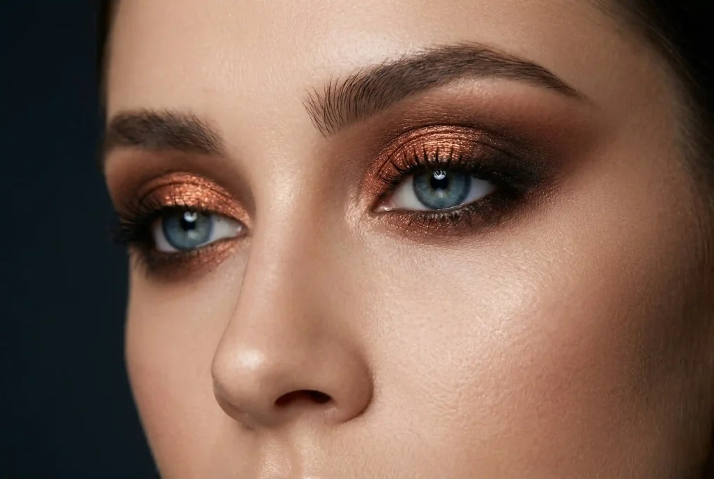 Jaki kolor cienia do powiek do niebieskich oczu wybrać? Najlepsze kolory cieni, by podkreślić niebieskie oczy i typ urody Zblizenie na twarz modelki prezentujacej wieczorowy, wyrazisty makijaż niebieskich oczu typu smokey eyes w odcieniach miedzi i czekoladowego brązu.