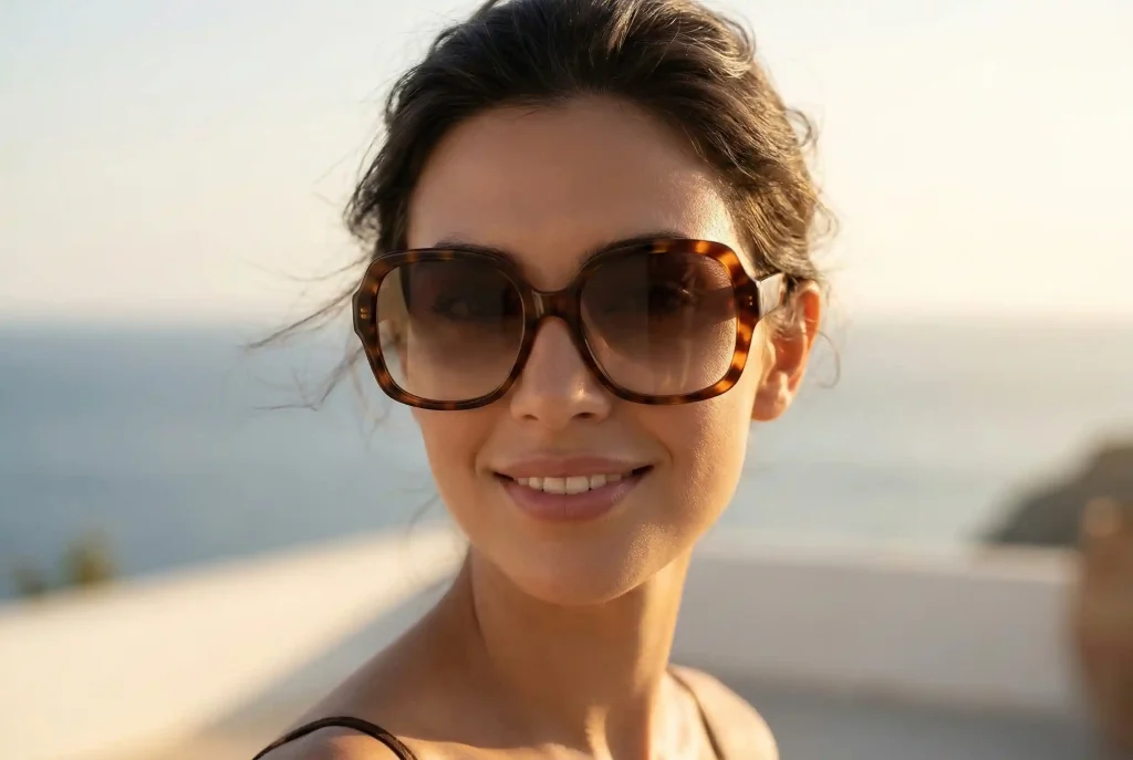 Jak dopasować okulary przeciwsłoneczne do kształtu twarzy na lato 2026? Sprawdź, jak dobrać idealnie dopasowane okulary Portret zbliżeniowy modelki o owalnym kształcie twarzy, prezentującej duże, modne okulary przeciwsłoneczne typu oversize w stylu lat 70., które doskonale balansują jej proporcje.