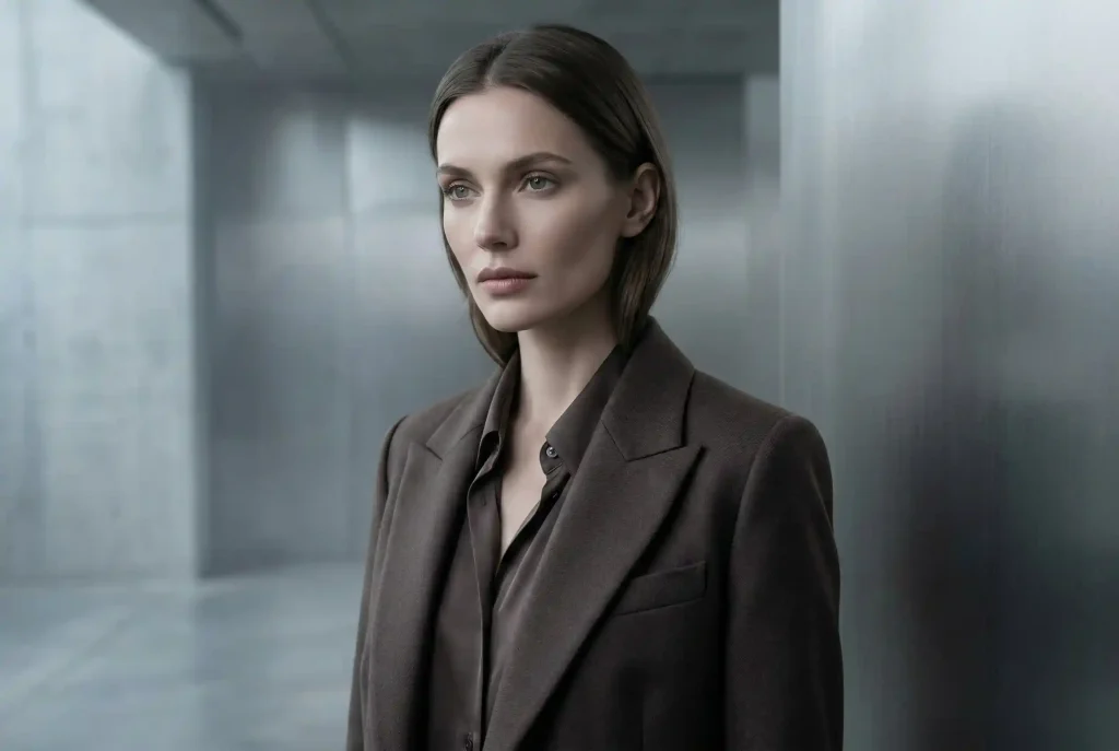 Jaki kolor pasuje do czekoladowego? Sprawdź, z czym łączyć elegancki kolor czekoladowy brąz i brązowe ubrania Zdjęcie portretowe modelki o typie urody Lato, prezentującej elegancką stylizację w chłodnym, popielatym odcieniu brązu, który idealnie współgra z jej chłodną karnacją.