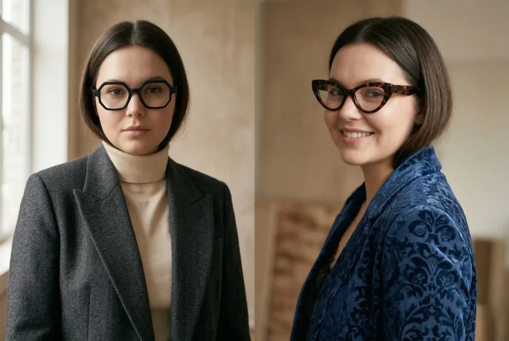 Jakie idealne okulary do okrągłej twarzy wybrać? Przewodnik: jak dobrać okulary i kształt okularów, by okrągły profil zyskał w nowych oprawkach i okularach przeciwsłonecznych! Realistyczne zdjęcie portretowe kobiety z okrągłą twarzą, ułożone w dyptyk, pokazujące dwa najlepsze fasony okularów: geometryczne oktagony przełamujące miękkość owalu oraz kocie oczy dające optyczny lifting.