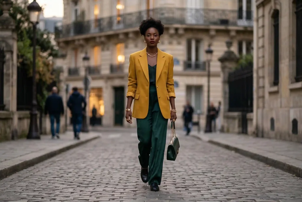 Jaki kolor pasuje do musztardowego? Podpowiadam, z czym go łączyć, by wyglądać stylowo we własnej stylizacji Modelka w eleganckiej marynarce i szerokich spodniach prezentuje odważne stylizacje z kolorem musztardowym oraz butelkową zielenią, ilustrując trend color blocking.