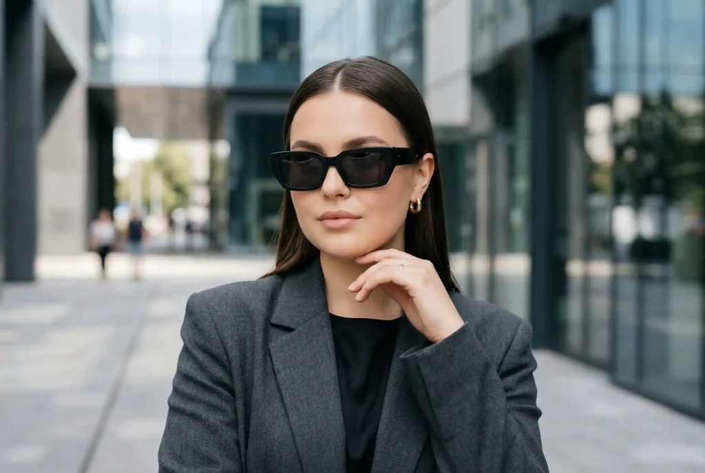 Jak dopasować okulary przeciwsłoneczne do kształtu twarzy na lato 2026? Sprawdź, jak dobrać idealnie dopasowane okulary Portret modowy kobiety o okrągłej twarzy, która ma na sobie wyraziste, prostokątne okulary przeciwsłoneczne, optycznie wysmuklające i nadające ostre kontury jej łagodnym rysom.