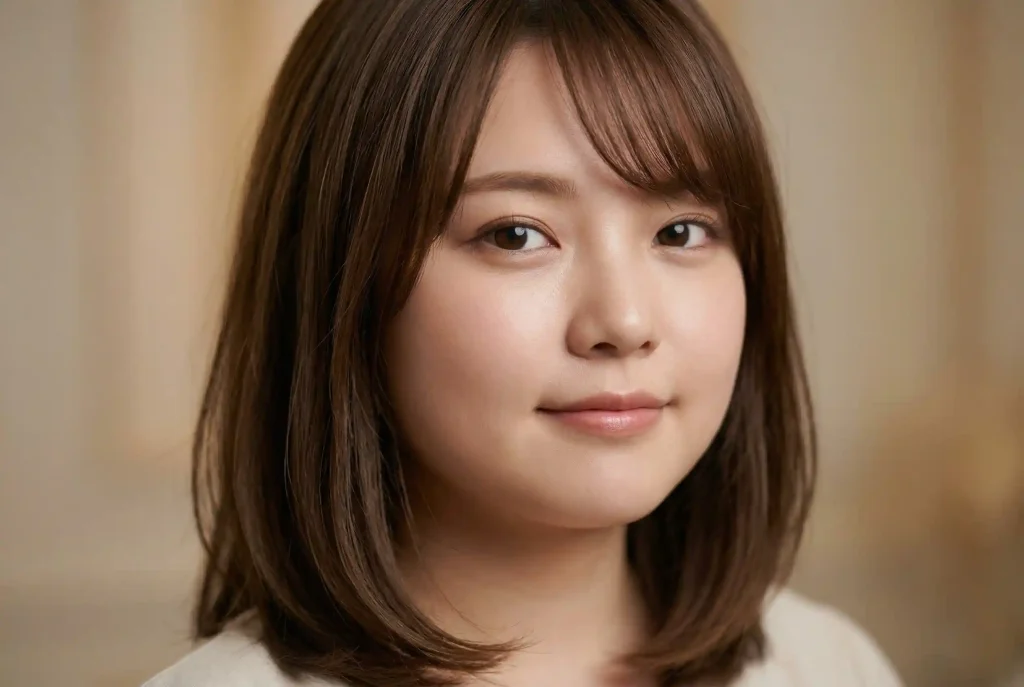 Kształt twarzy gwiazd. Jak dobrać fryzurę i dobrać okulary do twarzy? Triki na okrągły, owalny i inne typy! Ultra-realistyczny portret kobiety z okrągłym kształtem twarzy, prezentujący fryzurę typu long bob z grzywką na bok, która optycznie wysmukla i wydłuża buzię zgodnie z trikami dla tego typu urody.