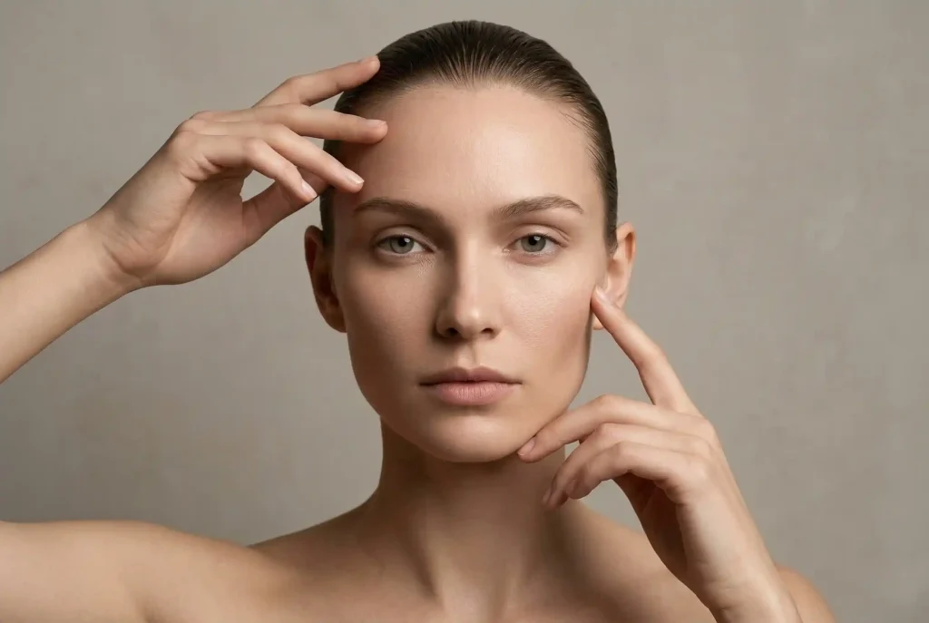 Twarz diamentowa (diamentowy kształt twarzy) – jaka fryzura pasuje, jak dopasować fryzurę do kształtu twarzy i jak ciąć włosy? Zbliżenie na twarz modelki z zaczesanymi do tyłu włosami, która wskazuje kluczowe punkty pomiarowe na swojej buzi w trakcie domowego testu na określenie kształtu twarzy.