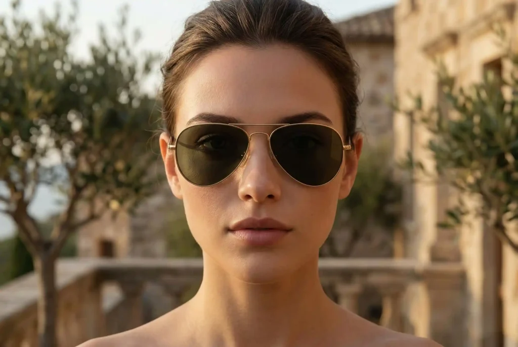 Jak dopasować okulary przeciwsłoneczne do kształtu twarzy na lato 2026? Sprawdź, jak dobrać idealnie dopasowane okulary Modelka o twarzy w kształcie serca prezentuje złote okulary przeciwsłoneczne typu aviator, które idealnie wyrównują proporcje między szerokim czołem a wąskim podbródkiem.