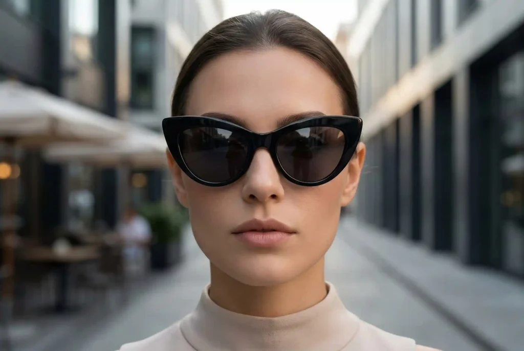 Jak dopasować okulary przeciwsłoneczne do kształtu twarzy na lato 2026? Sprawdź, jak dobrać idealnie dopasowane okulary Modelka o trójkątnym kształcie twarzy prezentuje okulary przeciwsłoneczne typu kocie oczy, które optycznie wyrównują proporcje poprzez dociążenie wąskiego czoła.