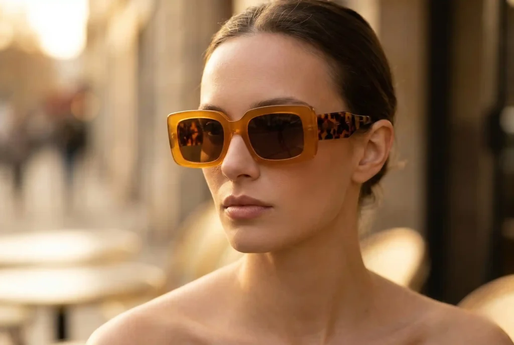 Jak dopasować okulary przeciwsłoneczne do kształtu twarzy na lato 2026? Sprawdź, jak dobrać idealnie dopasowane okulary Modelka o pociągłej, prostokątnej twarzy prezentuje szerokie okulary przeciwsłoneczne typu oversize, które skutecznie skracają optycznie rysy buzi.