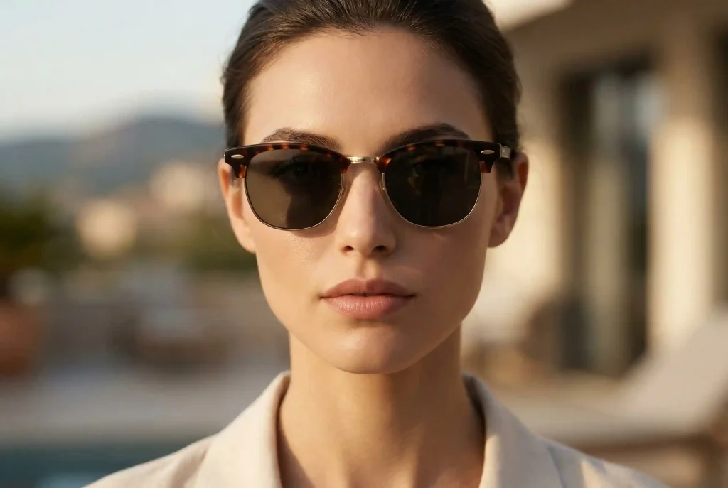 Jak dopasować okulary przeciwsłoneczne do kształtu twarzy na lato 2026? Sprawdź, jak dobrać idealnie dopasowane okulary Bliskie ujęcie portretowe modelki o twarzy w kształcie diamentu (rombu), noszącej eleganckie okulary przeciwsłoneczne typu browline, które idealnie balansują proporcje buzi.