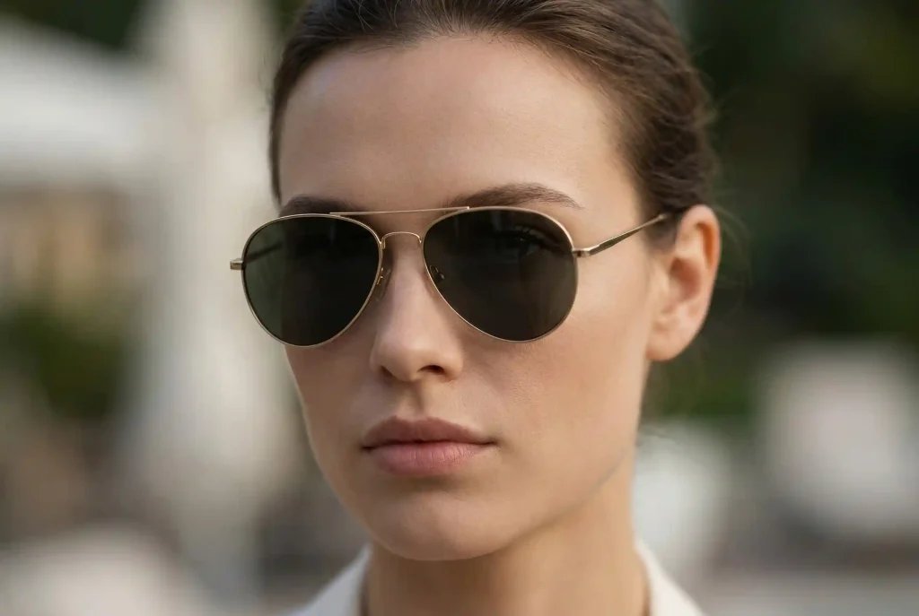 Jak dopasować okulary przeciwsłoneczne do kształtu twarzy na lato 2026? Sprawdź, jak dobrać idealnie dopasowane okulary Bliskie ujęcie portretowe modelki o wyraźnie zarysowanej kwadratowej twarzy, prezentującej cienkie, metalowe okulary przeciwsłoneczne typu aviator, które skutecznie łagodzą kanciastą linię żuchwy