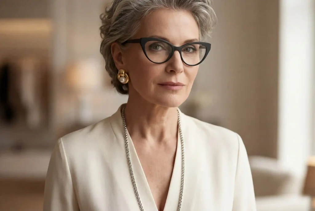 Czy kształt twarzy zmienia się z wiekiem lub po schudnięciu? Jak przywrócić owal i modelować rysy twarzy? Fotograficzny portret dojrzałej kobiety w dekolcie V i okularach typu "kocie oczy", który demonstruje optyczną zmianę kształtu twarzy i optyczne uniesienie policzków poprzez odpowiednią stylizację.