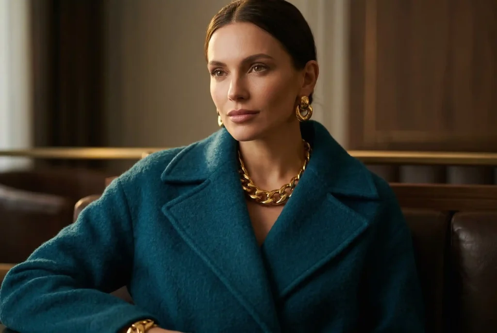 Jaki kolor pasuje do petrolu? Poznaj ten wyjątkowy odcień w świecie mody, sprawdź kolor i z czym go łączyć do swojej garderoby. To idealny kolor na jesień i zimę! Elegancka kobieta w ciepłym płaszczu wełnianym w kolorze petrol, zestawionym z masywną, złotą biżuterią i ciemnobrązowymi akcentami w tle, prezentuje luksusową stylizację zimową.