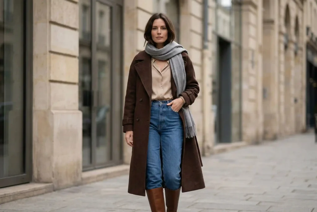 Jaki kolor pasuje do czekoladowego? Sprawdź, z czym łączyć elegancki kolor czekoladowy brąz i brązowe ubrania Modelka w ultra-realistycznej stylizacji modowej prezentuje połączenie czekoladowego brązu z ciepłym beżem, klasycznymi jeansami i akcentem szarości.