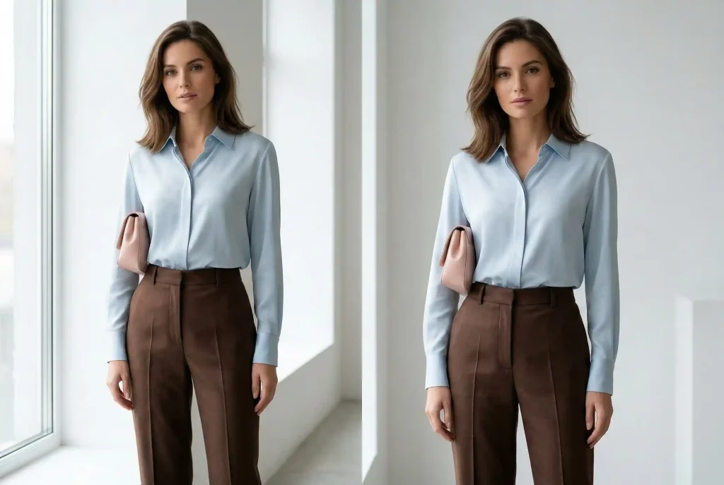 Jaki kolor pasuje do czekoladowego? Sprawdź, z czym łączyć elegancki kolor czekoladowy brąz i brązowe ubrania Modelka w błękitnej koszuli wpuszczonej w czekoladowe spodnie prezentuje modne i świeże połączenie głębokiego brązu z jasnym pastelem.