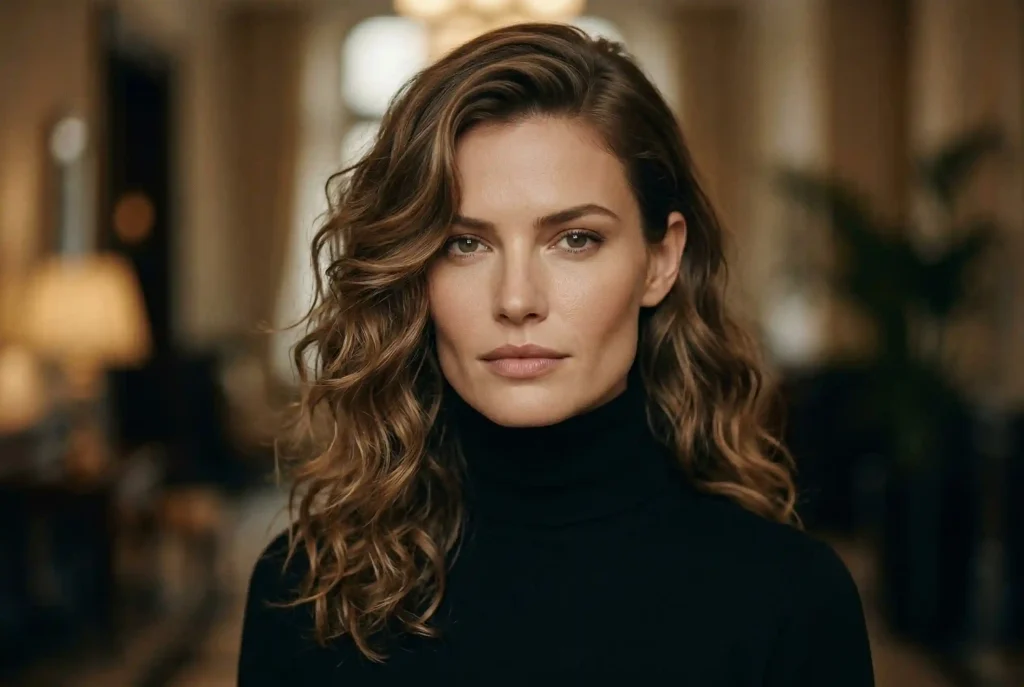 Kształt twarzy gwiazd. Jak dobrać fryzurę i dobrać okulary do twarzy? Triki na okrągły, owalny i inne typy! Ultra-realistyczny portret modowy kobiety o wyraźnie zarysowanym kwadratowym kształcie twarzy, z fryzurą z luźnymi falami i asymetrycznym przedziałkiem, która naturalnie zmiękcza kanciastą żuchwę.