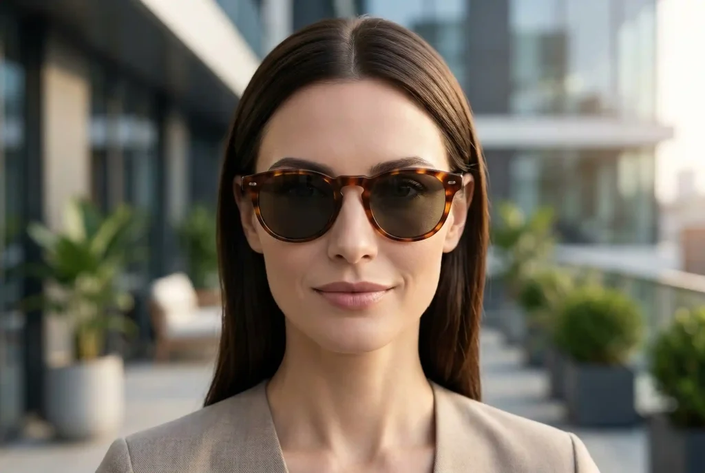 Jak dopasować okulary przeciwsłoneczne do kształtu twarzy na lato 2026? Sprawdź, jak dobrać idealnie dopasowane okulary Bliski, ultra-realistyczny portret modelki o chłodnej karnacji, prezentującej eleganckie szylkretowe okulary przeciwsłoneczne z wyraźnym mostkiem typu keyhole, które doskonale komponują się z linią jej brwi.