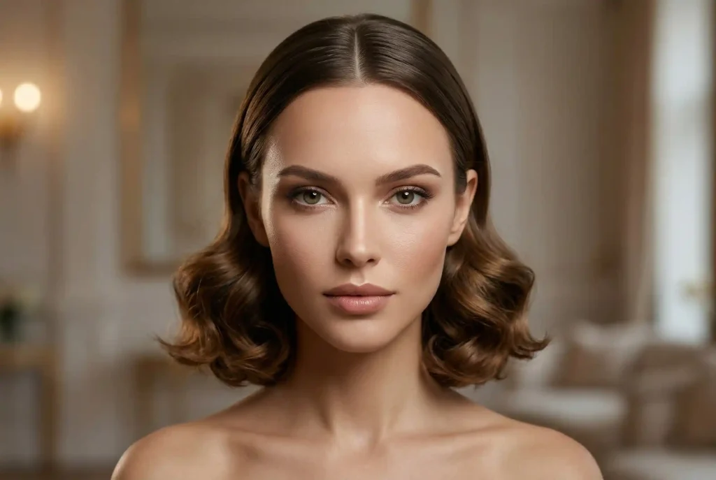 Kształt twarzy gwiazd. Jak dobrać fryzurę i dobrać okulary do twarzy? Triki na okrągły, owalny i inne typy! Ultra-realistyczny portret modowy kobiety posiadającej charakterystyczny sercowaty kształt twarzy z szerokim czołem i wąskim podbródkiem, prezentującej fryzurę z gładką górą i bujnymi falami na wysokości brody, które równoważą proporcje.