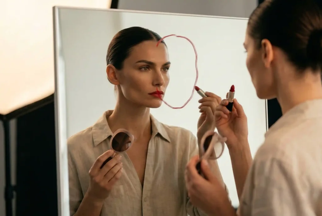 Jak dopasować okulary przeciwsłoneczne do kształtu twarzy na lato 2026? Sprawdź, jak dobrać idealnie dopasowane okulary Kobieta o geometrycznych rysach twarzy z włosami spiętymi do tyłu obrysowuje czerwoną pomadką kontur swojego odbicia w lustrze, aby określić kształt twarzy przed wyborem okularów przeciwsłonecznych.