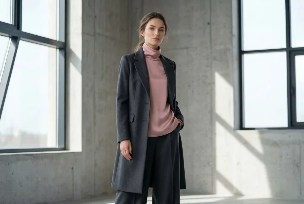 Jaki kolor pasuje do antracytu? Sprawdzone palety i porady stylistki Elegancka kobieta pozuje w nowoczesnej stylizacji, łączącej surowy, structured antracytowy płaszcz z subtelnym pudrowym różem jedwabnej bluzki, ilustrując nowoczesny kontrast pasteli i szarości.