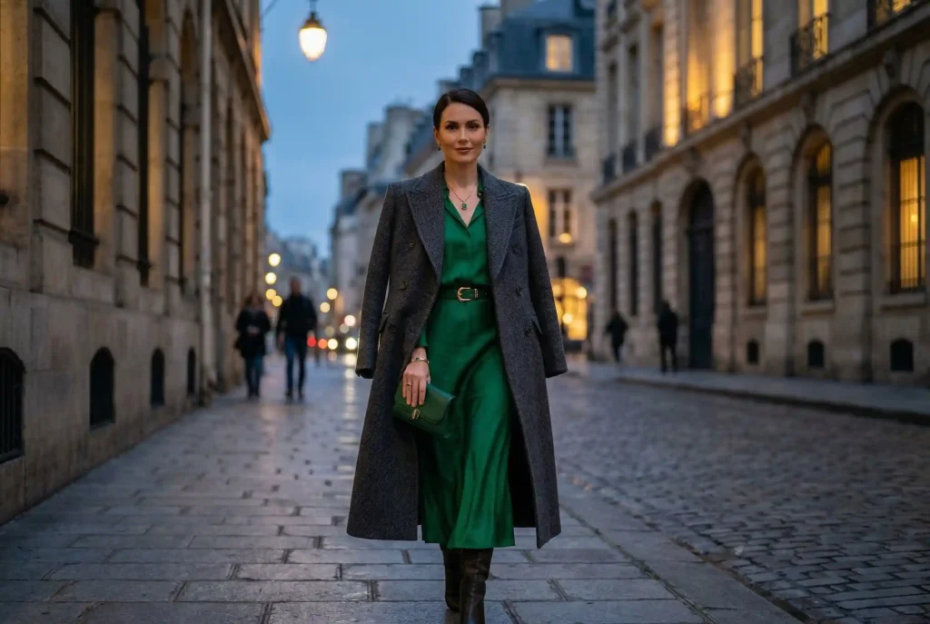 Jaki kolor pasuje do antracytu? Sprawdzone palety i porady stylistki Elegancka kobieta w dopasowanym płaszczu w kolorze antracytu i intensywnej szmaragdowej sukience, prezentująca pewność siebie i luksusowy charakter połączenia wyrazistych barw z ciemną szarością.