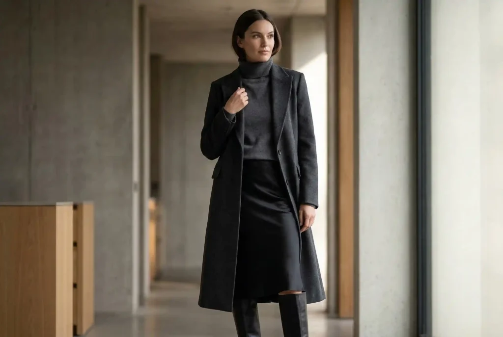 Jaki kolor pasuje do antracytu? Sprawdzone palety i porady stylistki Kobieta w eleganckim, ciemnoszarym płaszczu wełniano-kaszmirowym i satynowej spódnicy, prezentująca warstwową stylizację total look opartą na mieszaniu bogatych tekstur, co doskonale wydobywa głębię koloru antracytu.