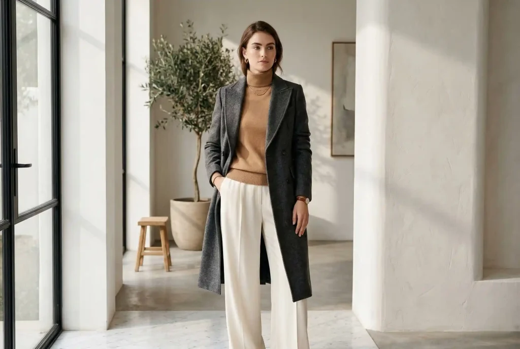Jaki kolor pasuje do antracytu? Sprawdzone palety i porady stylistki Elegancka kobieta w płaszczu w odcieniu antracytu, zestawionym z camelowym swetrem i spodniami ecru, co doskonale obrazuje, jak neutralne barwy i kolory ziemi tworzą stylizację quiet luxury.
