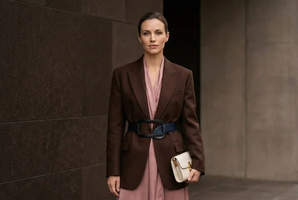 Jaki kolor pasuje do brudnego różu? Wybierz dodatki do sukienki w kolorze pudrowego różu, łącz odcienie i twórz stylizacje (brudny róż w roli głównej) Elegancka stylizacja łącząca strukturalną marynarkę w kolorze czekoladowego brązu z delikatną tkaniną w odcieniu brudnego różu na tle minimalistycznej architektury.