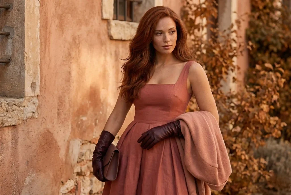 Jaki kolor pasuje do brudnego różu? Wybierz dodatki do sukienki w kolorze pudrowego różu, łącz odcienie i twórz stylizacje (brudny róż w roli głównej) Elegancka modelka o ciepłym typie urody jesień w sukni w odcieniu rdzawego różu, połączonej z kardiganem w kolorze dusky peach (brudny róż z brązem), na tle naturalnej architektury.