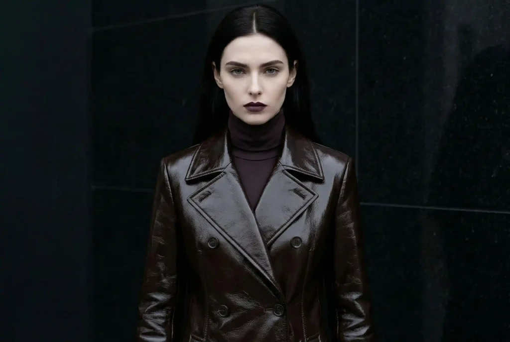 Jaki kolor pasuje do czekoladowego? Sprawdź, z czym łączyć elegancki kolor czekoladowy brąz i brązowe ubrania Modelka o wyrazistym typie urody Zima, ubrana w luksusowy płaszcz w odcieniu gorzkiej czekolady o błyszczącej, wysoko kontrastowej fakturze.