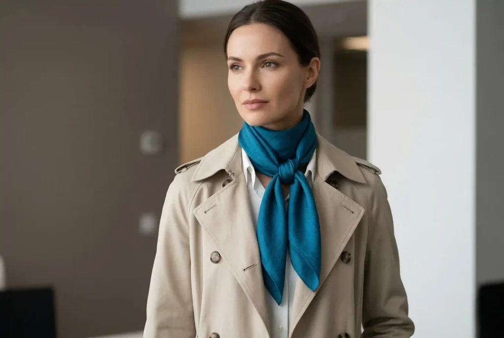 Jaki kolor pasuje do petrolu? Poznaj ten wyjątkowy odcień w świecie mody, sprawdź kolor i z czym go łączyć do swojej garderoby. To idealny kolor na jesień i zimę! Kobieta w eleganckim, jasnobeżowym płaszczu typu trencz, z widoczną jedwabną apaszką w głębokim odcieniu koloru petrol, ilustruje modową stylizację łączącą te barwy.