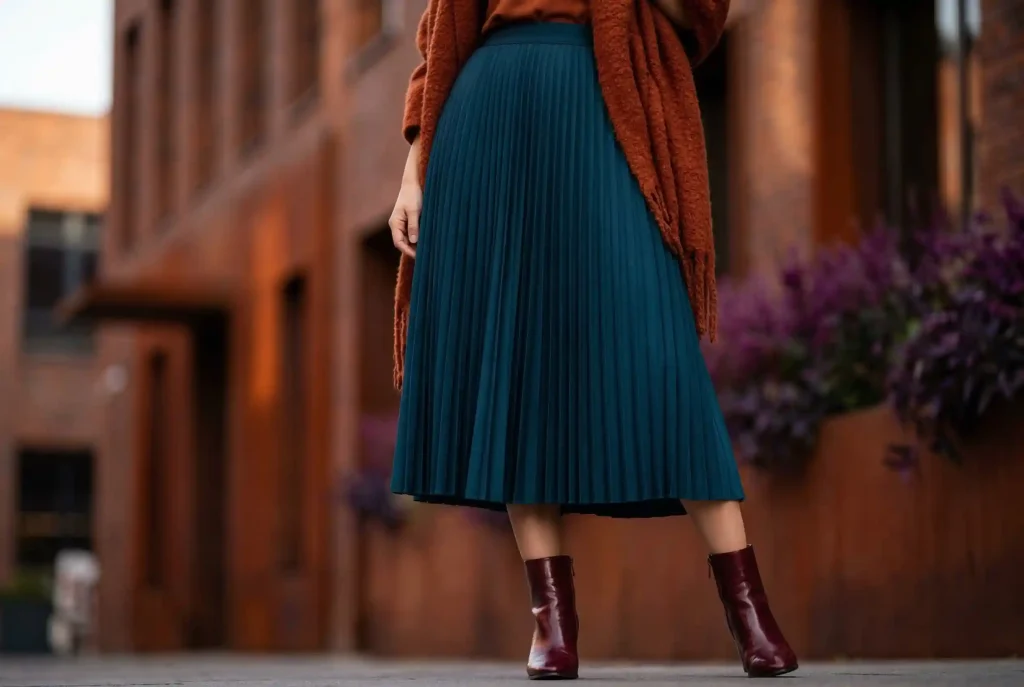 Jaki kolor pasuje do petrolu? Poznaj ten wyjątkowy odcień w świecie mody, sprawdź kolor i z czym go łączyć do swojej garderoby. To idealny kolor na jesień i zimę! Ultra-realistyczne zdjęcie modowe przedstawia kobietę w nasyconej petrolowej spódnicy, zestawionej z rdzawym szalem i burgundowymi botkami, tworząc odważny kontrast kolorystyczny z burgundem i rdzą.