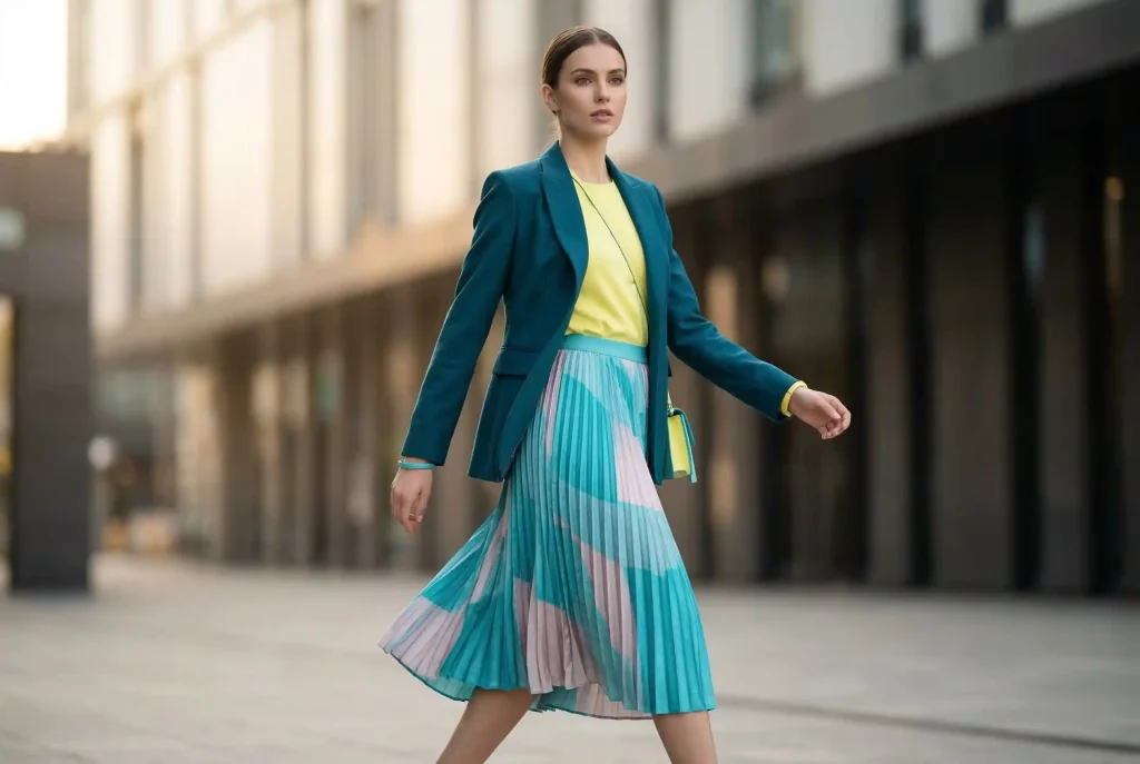 Jaki kolor pasuje do petrolu? Poznaj ten wyjątkowy odcień w świecie mody, sprawdź kolor i z czym go łączyć do swojej garderoby. To idealny kolor na jesień i zimę! Modelka na dynamicznym ujęciu prezentuje nasycony płaszcz w kolorze petrol zestawiony ze świeżą jasną żółcią, pudrowym różem i nasyconym turkusem, pokazując energetyczne połączenie barw.