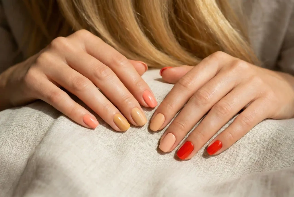 Najmodniejszy manicure na każdą okazję. Jak wybrać uniwersalne kolory paznokci i stylowy odcień, gdy chcesz, by kolor paznokci pasował do wszystkiego? Zbliżenie na eleganckie dłonie kobiety o brzoskwiniowej cerze, z paznokciami pomalowanymi w ciepłe barwy typu urody Wiosna, takie jak jasny koral, golden beige i peach nude.