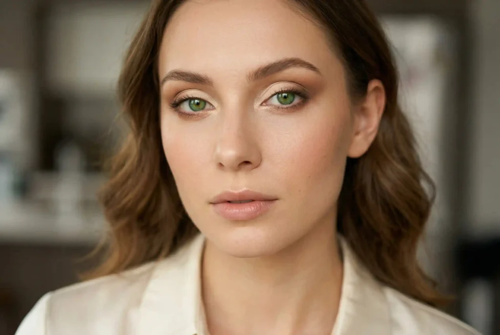Jaki kolor cieni do powiek wybrać do zielonych oczu? Idealny makijaż krok po kroku Zbliżenie na twarz kobiety o wyraźnych zielonych oczach, prezentującej subtelny makijaż dzienny z użyciem ciepłych brązów i rozświetlającego złota w wewnętrznym kąciku.