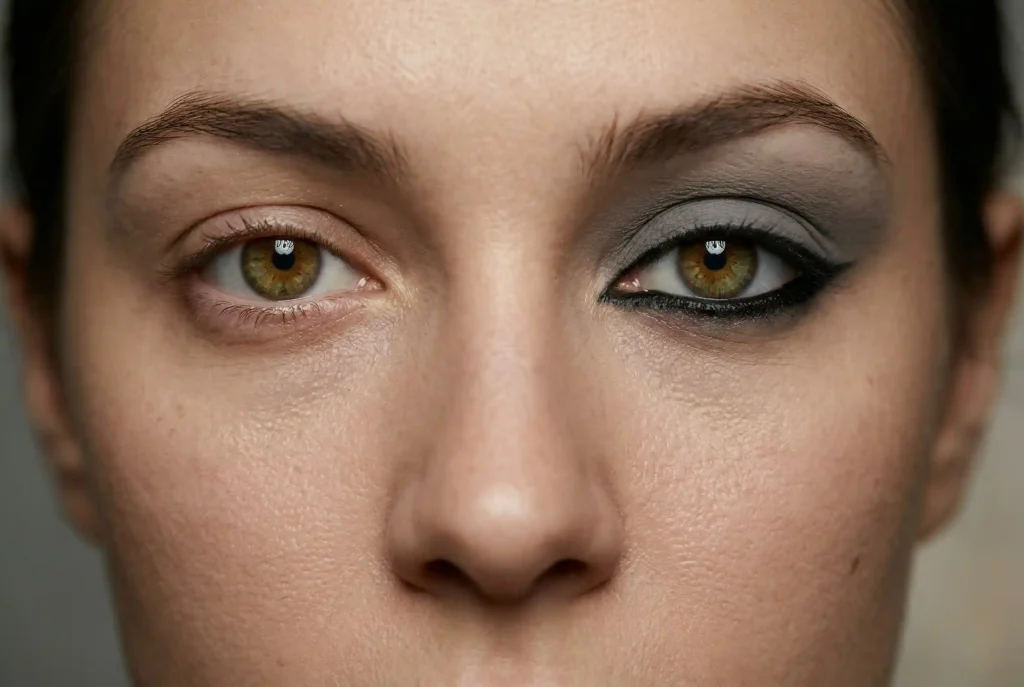 Jaki kolor cieni do powiek wybrać, by podkreślić piwne oczy? Najlepsze kolory cieni do koloru Twoich oczu Zbliżenie na makijaż modelki z piwnymi oczami, ilustrujący powszechne błędy w makijażu dla piwnych oczu: płaski szary cień na jednej powiece i gruby czarny eyeliner tłumiący tęczówkę.