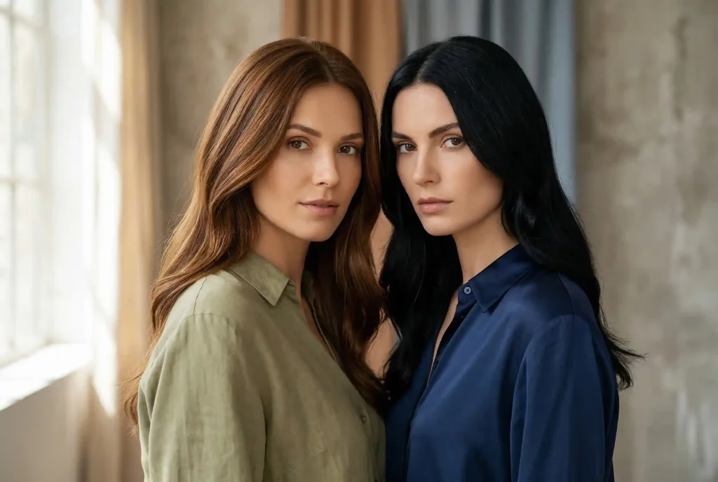 Szatynka – jakie kolory ubrań podkreślą ten typ urody? Sprawdź idealne barwy Zestawienie dwóch kobiet w konwencji edytorialu modowego, pokazujące różnicę między jasnobrązowymi włosami szatynki a kruczoczarnymi włosami brunetki, co jest kluczowe dla doboru odpowiednich barw ubioru.