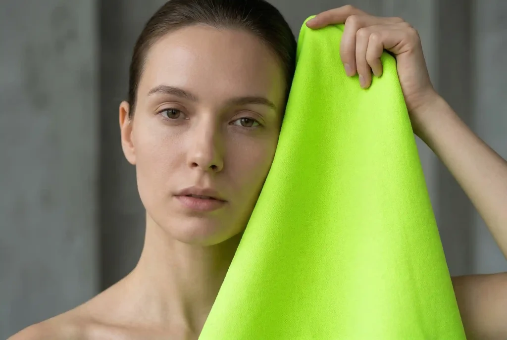 Jak dobrać kolory makijażu do typu urody? Dopasowanie makijażu, karnacja i dobór kolorów, by dobrać makijaż i podkreślić urodę Ultra-realistyczny portret modowy kobiety wykonującej Deal-Breaker Test, trzymającej jaskrawy materiał w kolorze neonowej limonki przy twarzy w celu określenia swojego typu urody.