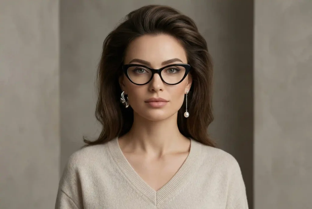 Idealne proporcje twarzy – co to jest złoty podział i czy istnieje naprawdę? Ultrarealistyczne zdjęcie modowe modelki w okularach kocie oczy i V-dekolcie, demonstrujące optyczną poprawę proporcji twarzy za pomocą fryzury, brwi i biżuterii.