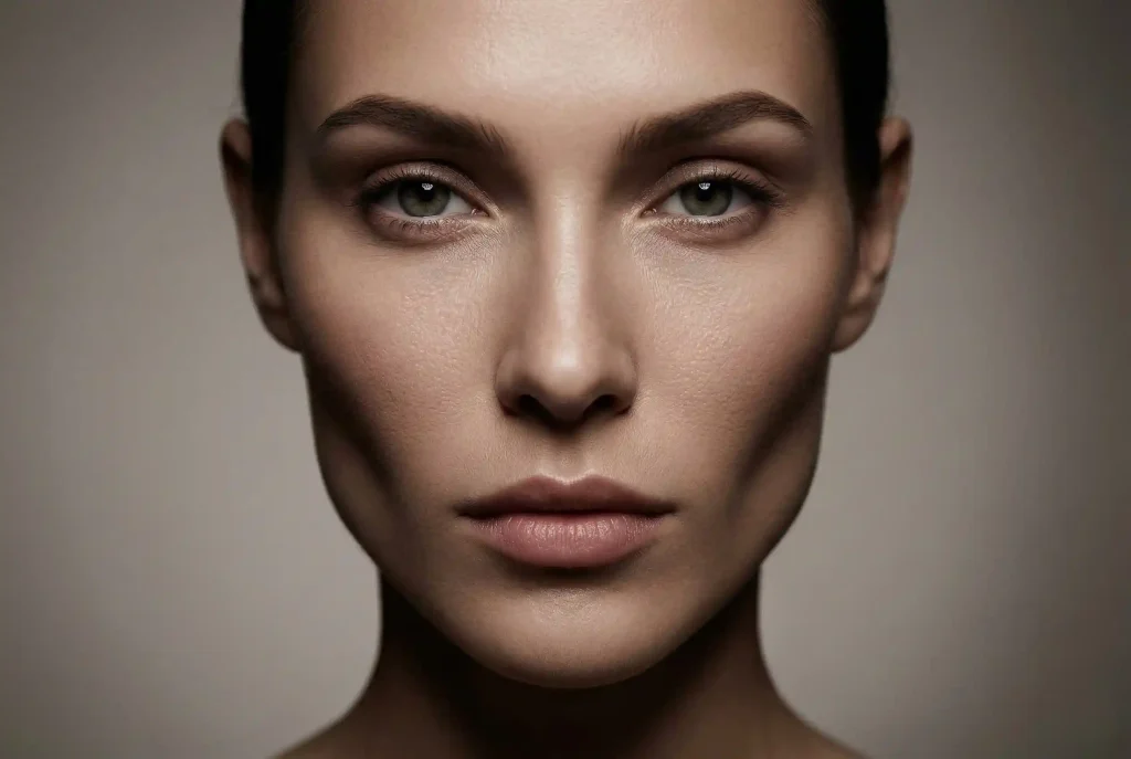 Twarz diamentowa (diamentowy kształt twarzy) – jaka fryzura pasuje, jak dopasować fryzurę do kształtu twarzy i jak ciąć włosy? Bliskie ujęcie twarzy modelki w stylu editorial, prezentujące wyraźne cechy charakterystyczne twarzy diamentowej, z mocno wyeksponowanymi, wysokimi kośćmi policzkowymi oraz wąskim czołem i spiczastą brodą.