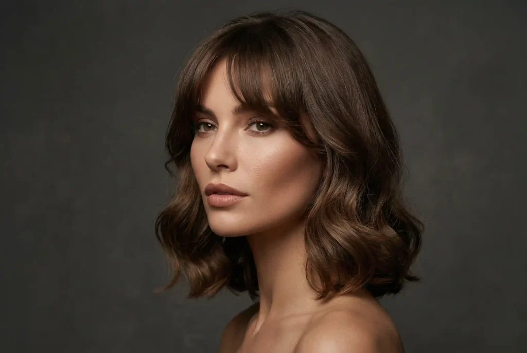 Twarz diamentowa (diamentowy kształt twarzy) – jaka fryzura pasuje, jak dopasować fryzurę do kształtu twarzy i jak ciąć włosy? Ultra-realistyczny portret modowy kobiety o diamentowym kształcie twarzy, prezentujący idealnie dobrane cięcie typu lob i grzywkę curtain bangs, które wypełniając skronie, zmiękczają wyraziste rysy.